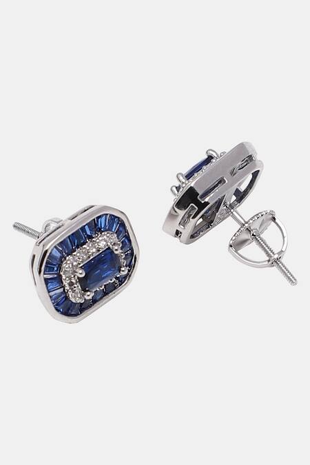 Dugran By Dugristyle_Blue Stones, Diamonds Emerald Cut Sapphire Stud Earrings _Online_at_Aza_Fashions