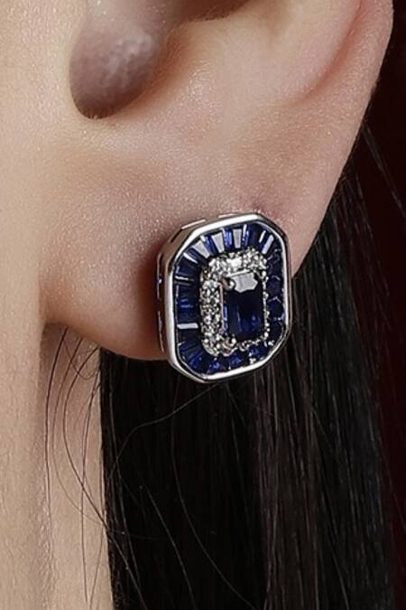 Shop_Dugran By Dugristyle_Blue Stones, Diamonds Emerald Cut Sapphire Stud Earrings _Online_at_Aza_Fashions