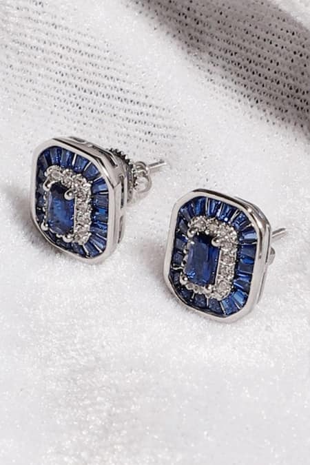 Shop Dugran By Dugristyle Blue Stones, Diamonds Emerald Cut Sapphire Stud Earrings at Aza Fashions Shop_Dugran By Dugristyle_Blue Stones, Diamonds Emerald Cut Sapphire Stud Earrings _at_Aza_Fashions