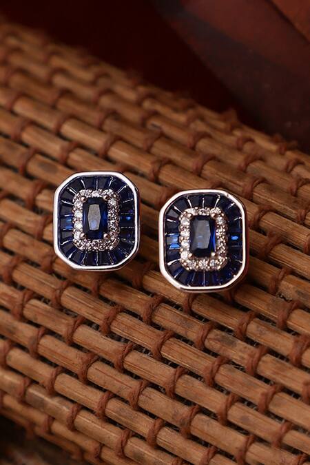 Dugran By Dugristyle_Blue Stones, Diamonds Emerald Cut Sapphire Stud Earrings _at_Aza_Fashions