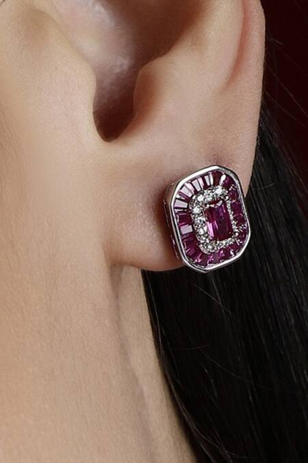 Shop_Dugran By Dugristyle_White Rhinestones, Stones Embellished Ruby Stud Earrings _Online_at_Aza_Fashions