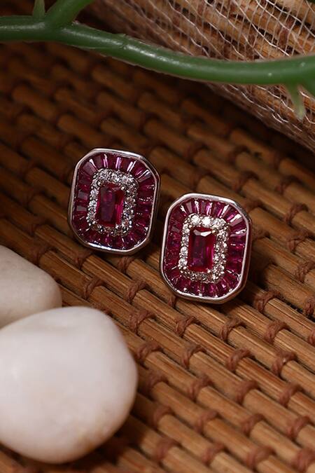 Dugran By Dugristyle_White Rhinestones, Stones Embellished Ruby Stud Earrings _at_Aza_Fashions