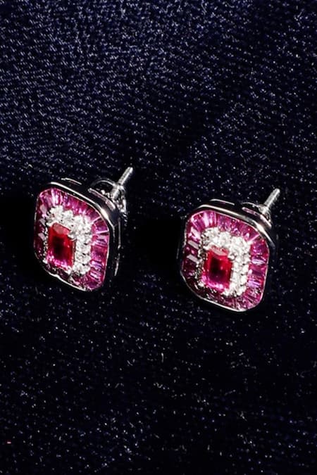 Shop Dugran By Dugristyle White Rhinestones, Stones Embellished Ruby Stud Earrings at Aza Fashions Shop_Dugran By Dugristyle_White Rhinestones, Stones Embellished Ruby Stud Earrings _at_Aza_Fashions