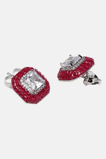 Dugran By Dugristyle_Red Rhinestones, Stones Geometric Ruby Stud Earrings _Online_at_Aza_Fashions