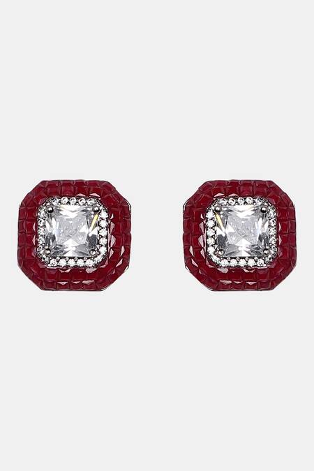 Buy_Dugran By Dugristyle_Red Rhinestones, Stones Geometric Ruby Stud Earrings _Online_at_Aza_Fashions