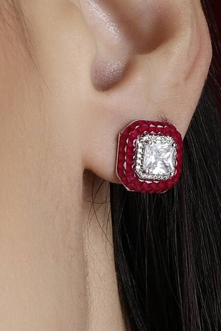 Shop_Dugran By Dugristyle_Red Rhinestones, Stones Geometric Ruby Stud Earrings _Online_at_Aza_Fashions