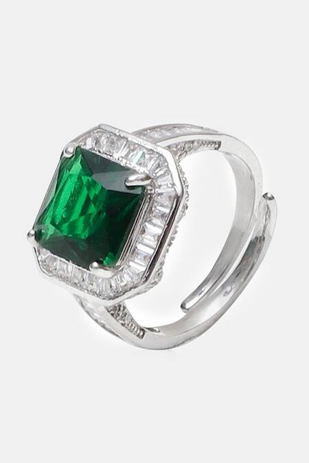 Dugran By Dugristyle_Green Fabric Flowers, Diamonds Natural Stone Embellished Silver Ring _Online_at_Aza_Fashions