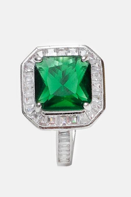 Buy_Dugran By Dugristyle_Green Fabric Flowers, Diamonds Natural Stone Embellished Silver Ring _Online_at_Aza_Fashions