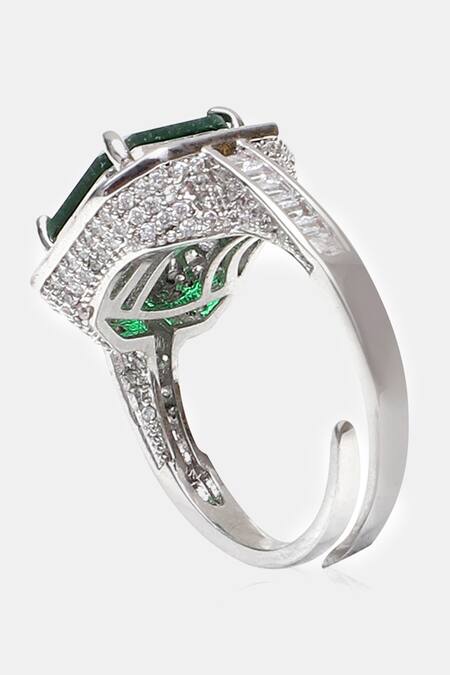 Shop_Dugran By Dugristyle_Green Fabric Flowers, Diamonds Natural Stone Embellished Silver Ring _Online_at_Aza_Fashions
