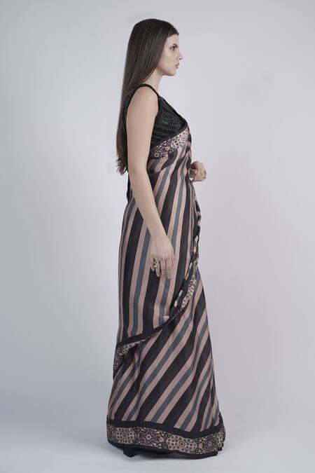 Neha & Tarun_Black Satin, Georgette Beads V-neck Striped Floral Print Saree With Blouse _Online_at_Aza_Fashions