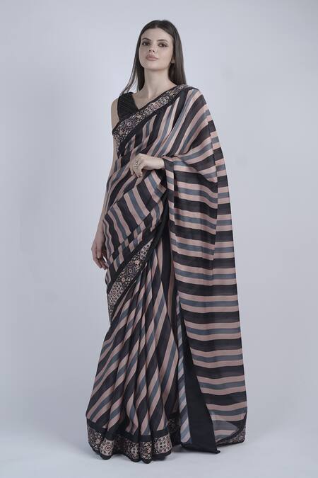 Buy_Neha & Tarun_Black Satin, Georgette Beads V-neck Striped Floral Print Saree With Blouse _Online_at_Aza_Fashions