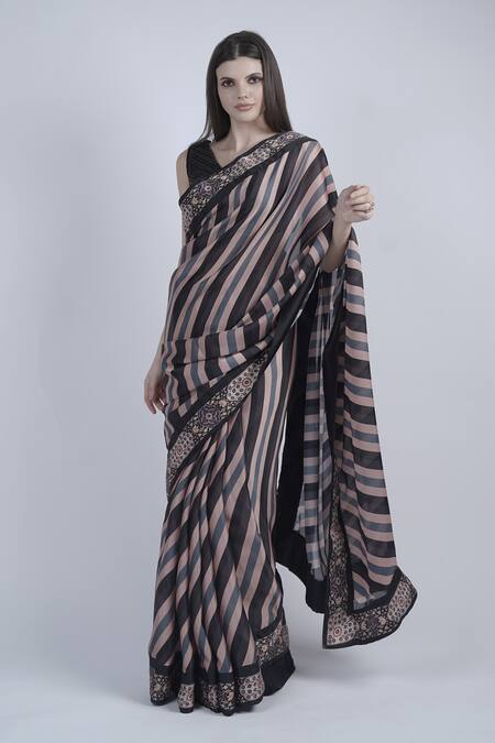 Shop_Neha & Tarun_Black Satin, Georgette Beads V-neck Striped Floral Print Saree With Blouse _Online_at_Aza_Fashions
