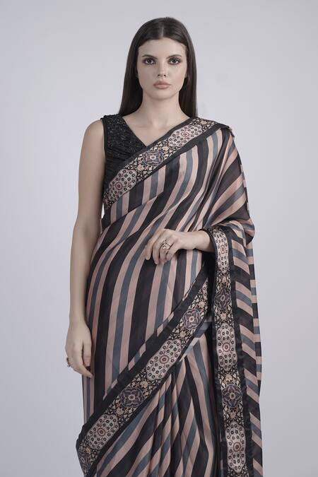 Neha & Tarun_Black Satin, Georgette Beads V-neck Striped Floral Print Saree With Blouse _at_Aza_Fashions