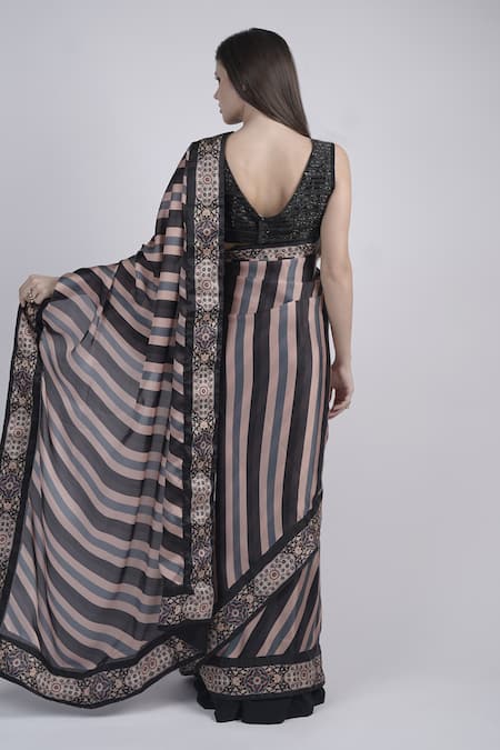 Neha & Tarun Striped Floral Print Saree With Beaded Blouse 