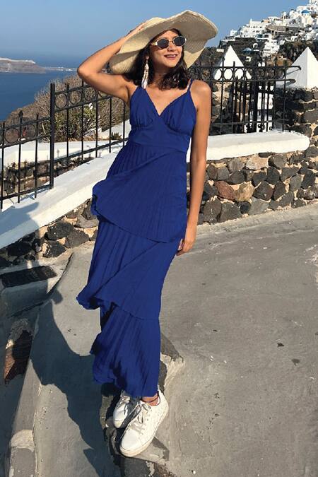 Shop_B'Infinite_Blue Lycra V-neck Pleated Tiered Midi Dress 