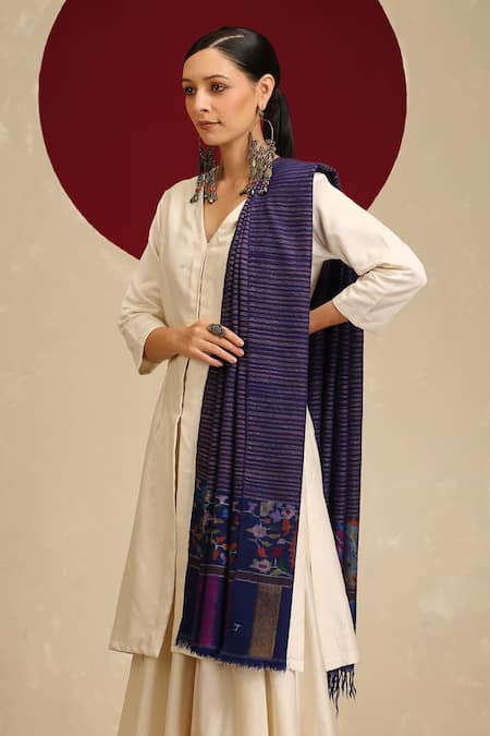 Shop_SHAZA_Blue Kani Handloom Floral Motif Shawl _at_Aza_Fashions