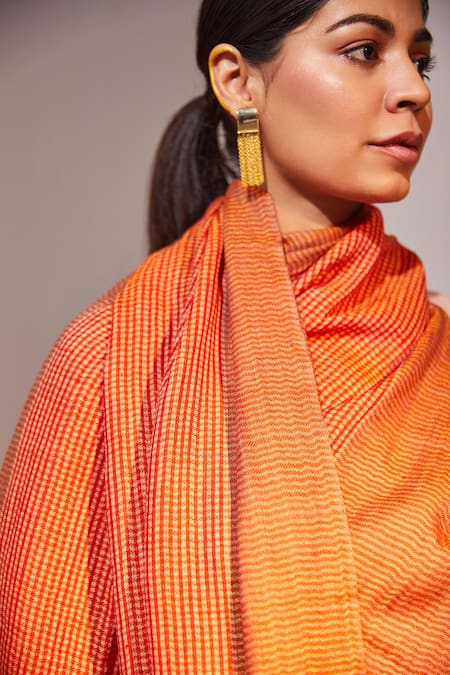 Shop SHAZA Orange Zari Woven Reversible Stole at Aza Fashions Shop_SHAZA_Orange Zari Woven Reversible Stole _at_Aza_Fashions