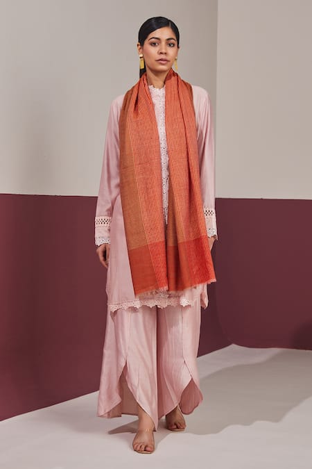 SHAZA Orange Zari Woven Reversible Stole 