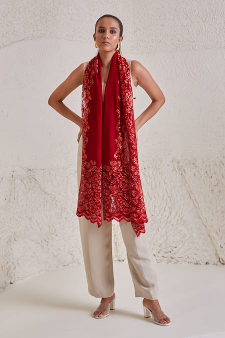 SHAZA Floral Chantilly Lace Red Stole 