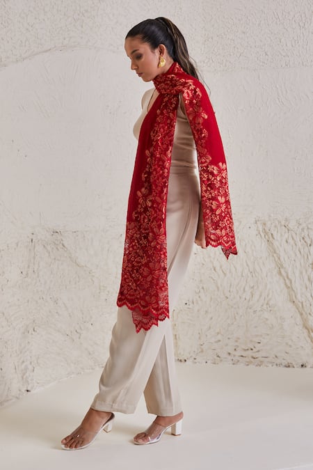 SHAZA Floral Chantilly Lace Red Stole 