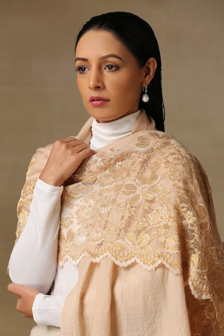 Shop_SHAZA_Gold Chantilly Lace Pashmina Stole _at_Aza_Fashions