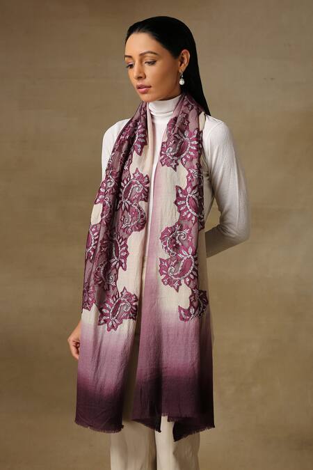 SHAZA_Purple Chantilly Lace Handloom Pashmina Stole _Online_at_Aza_Fashions