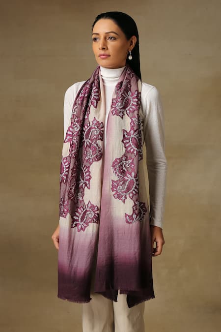 Shop_SHAZA_Purple Chantilly Lace Handloom Pashmina Stole _at_Aza_Fashions