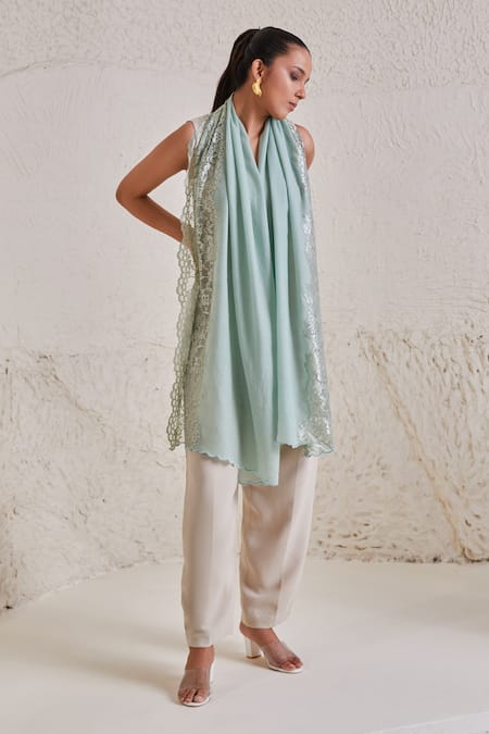 Shop SHAZA Green Floral Chantilly Pashmina Stole at Aza Fashions Shop_SHAZA_Green Floral Chantilly Pashmina Stole_at_Aza_Fashions