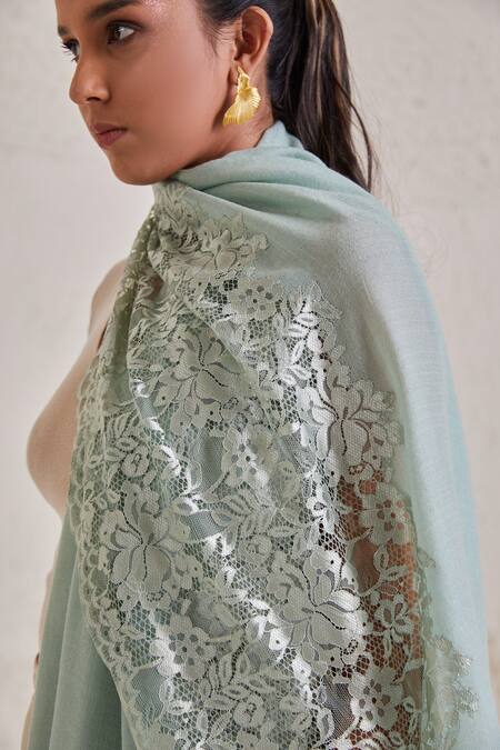 SHAZA Green Floral Chantilly Pashmina Stole Online at Aza Fashions SHAZA_Green Floral Chantilly Pashmina Stole_Online_at_Aza_Fashions