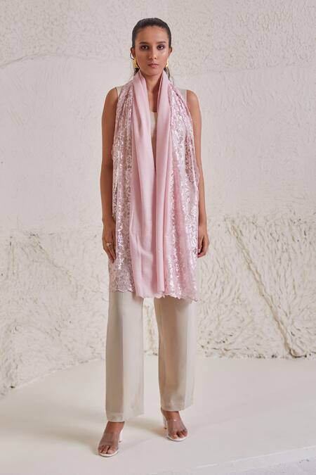 Shop SHAZA Pink Floral Chantilly Lace Pashmina Stole at Aza Fashions Shop_SHAZA_Pink Floral Chantilly Lace Pashmina Stole _at_Aza_Fashions