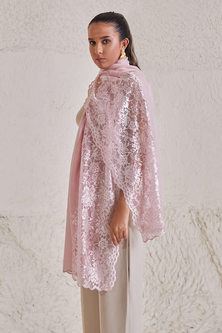 SHAZA Pink Floral Chantilly Lace Pashmina Stole 