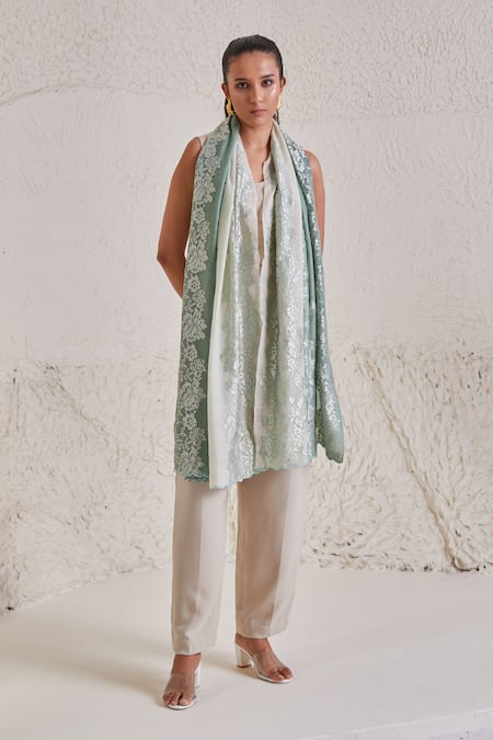 SHAZA Green Floral Chantilly Ombre Pashmina Stole 
