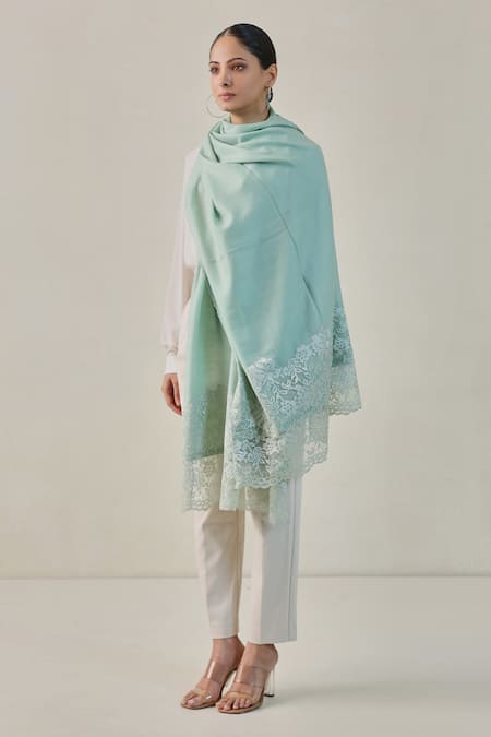 SHAZA Green Celestial Bloom Chantilly Pashmina Stole 