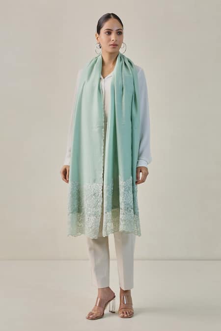 Shop SHAZA Green Celestial Bloom Chantilly Pashmina Stole at Aza Fashions Shop_SHAZA_Green Celestial Bloom Chantilly Pashmina Stole _at_Aza_Fashions