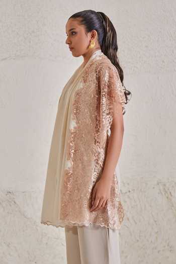 SHAZA_White Celestial Blossom Lace Pashmina Stole_Online_at_Aza_Fashions