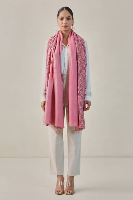 Shop SHAZA Pink Floral Lace Pashmina Stole at Aza Fashions Shop_SHAZA_Pink Floral Lace Pashmina Stole _at_Aza_Fashions