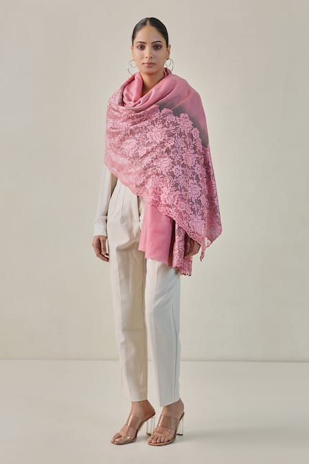 Shaza Pink Floral Lace Pashmina Stole 