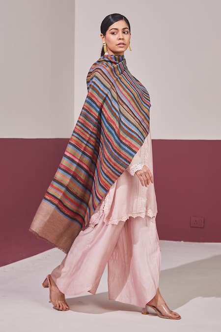 Shop SHAZA Multi Color Reversible Ikkat Striped Stole at Aza Fashions Shop_SHAZA_Multi Color Reversible Ikkat Striped Stole _at_Aza_Fashions