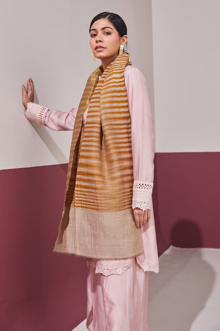 SHAZA Yellow Ochre Ikkat Reversible Stole