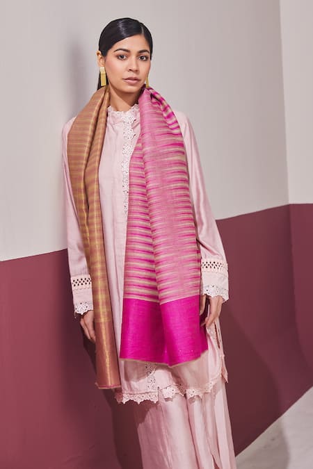 SHAZA Fuchsia Pink Ikkat Reversible Stole 