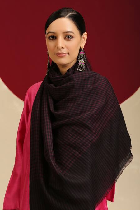Shop_SHAZA_Black Checkered Handloom Pashmina Shawl _at_Aza_Fashions