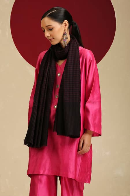 SHAZA Black Checkered Handloom Pashmina Shawl 