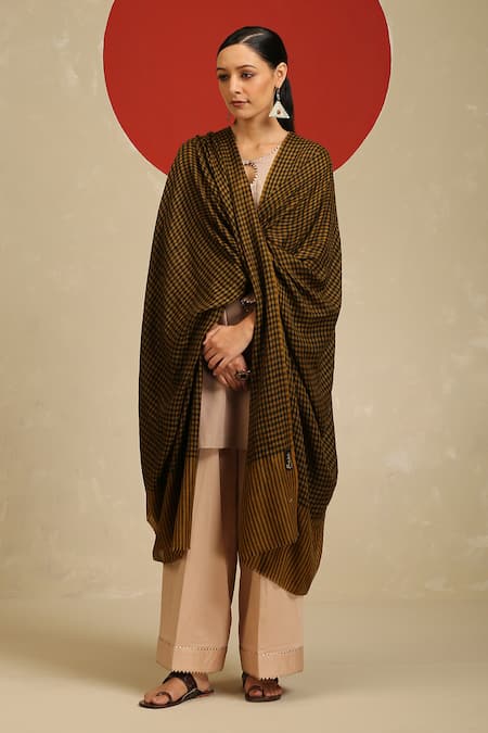 SHAZA Black Checkered Handloom Pashmina Shawl 