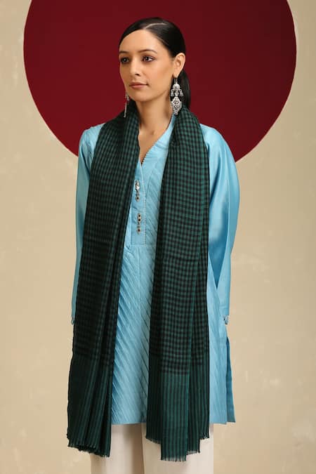 Shop_SHAZA_Green Handloom Checkered Pashmina Shawl _at_Aza_Fashions