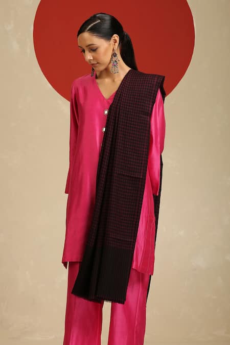 Shop_SHAZA_Black Checkered Handloom Pashmina Shawl _at_Aza_Fashions