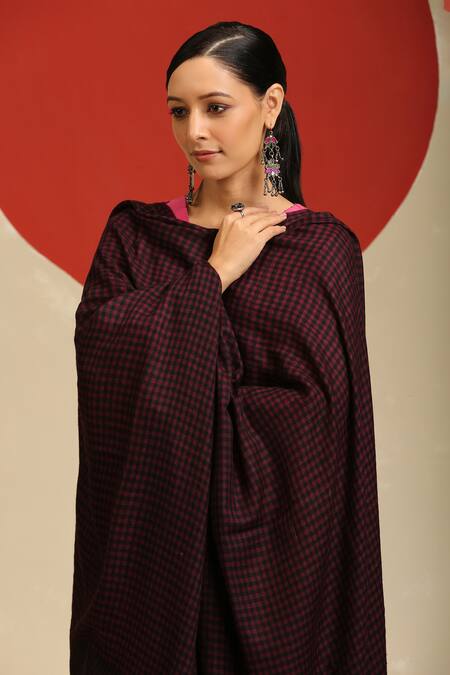 SHAZA_Black Checkered Handloom Pashmina Shawl _Online_at_Aza_Fashions