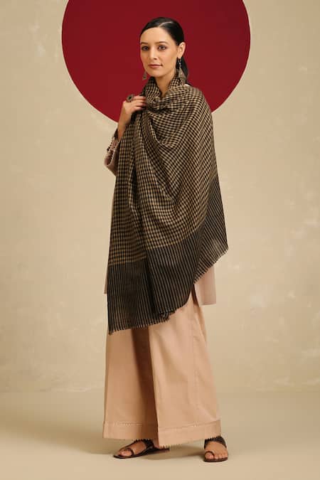Shaza Beige Gingham Checkered Pashmina Shawl 
