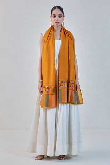 Shop SHAZA Yellow Ochre Handloom Kani Pashmina Stole at Aza Fashions Shop_SHAZA_Yellow Ochre Handloom Kani Pashmina Stole _at_Aza_Fashions