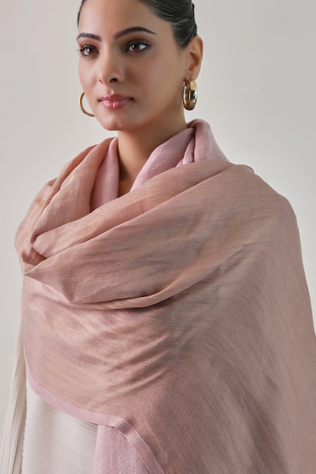 SHAZA_Pink Baby Zari Accent Fine Count Wool Stole _Online_at_Aza_Fashions