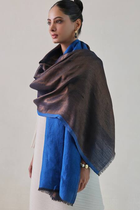 SHAZA_Blue Reversible Zari Woven Stole_Online_at_Aza_Fashions